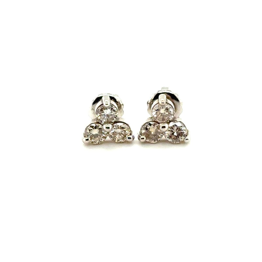 14k White Gold Diamond Cluster Stud‎ Earrings Three Stone Screw Back